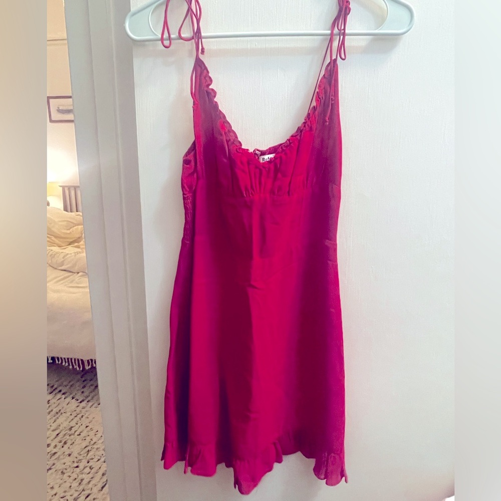 Reformation Fuscia Mini Dress with Spaghetti strap and ruched bodice
